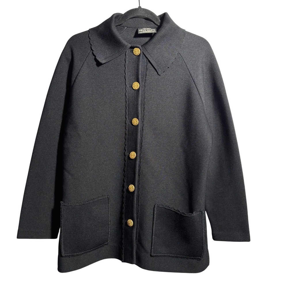 VTG 60s Hedy Knits Black Jacket‎ Gold Buttons Old Money Preppy Classic Womens XL